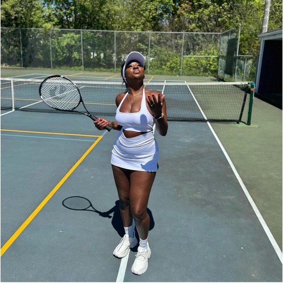 Two piece white tennis sports bra and skort - Picture 1 of 9